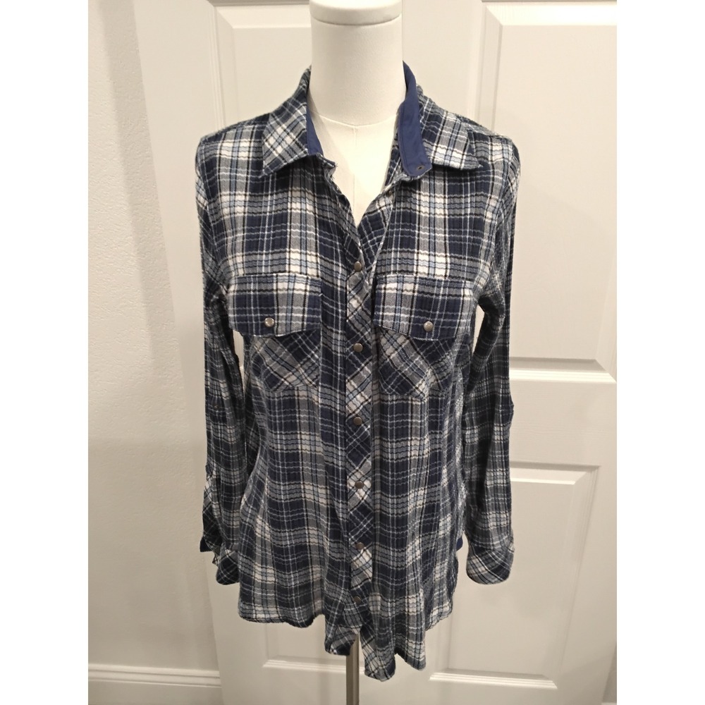 KUT from the Kloth Womens Blue Plaid Snap Front Flannel Shirt -L